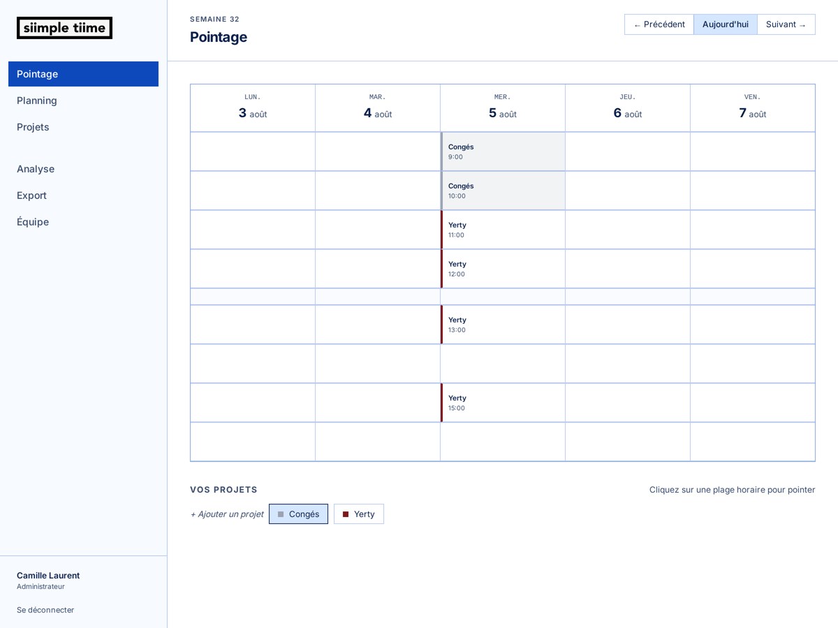Interface de pointage Siimple Tiime : sélection d'un projet et validation des plages horaires